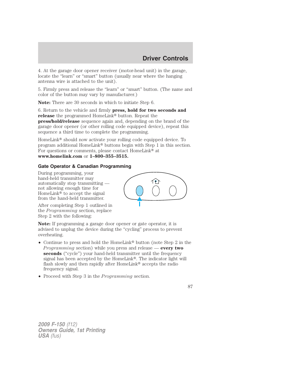 Gate operator & canadian programming, Driver controls | FORD 2009 F-150 v.1 User Manual | Page 87 / 405