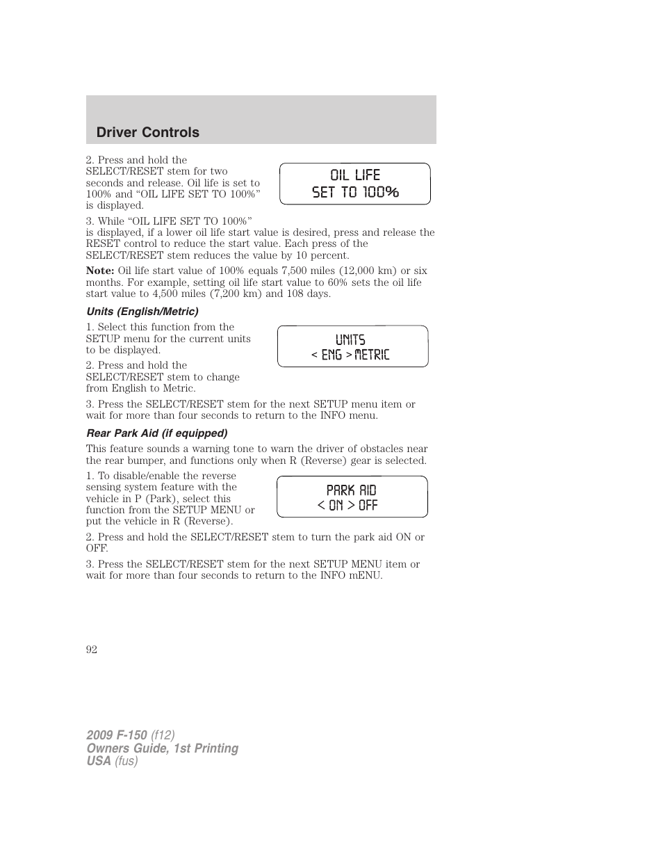 Units (english/metric), Rear park aid (if equipped), Driver controls | FORD 2009 F-150 v.1 User Manual | Page 92 / 405