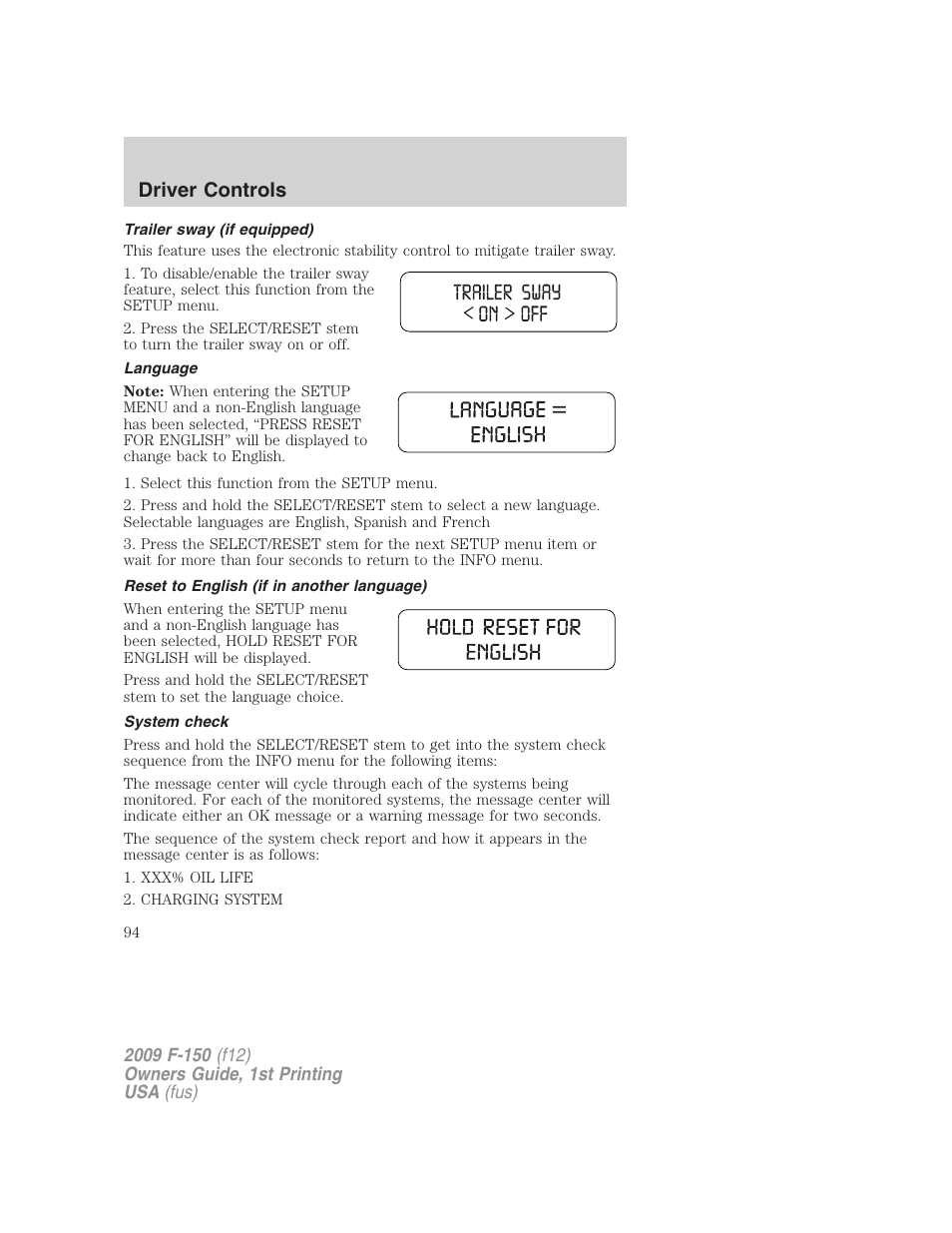 Trailer sway (if equipped), Language, Reset to english (if in another language) | System check, Driver controls | FORD 2009 F-150 v.1 User Manual | Page 94 / 405