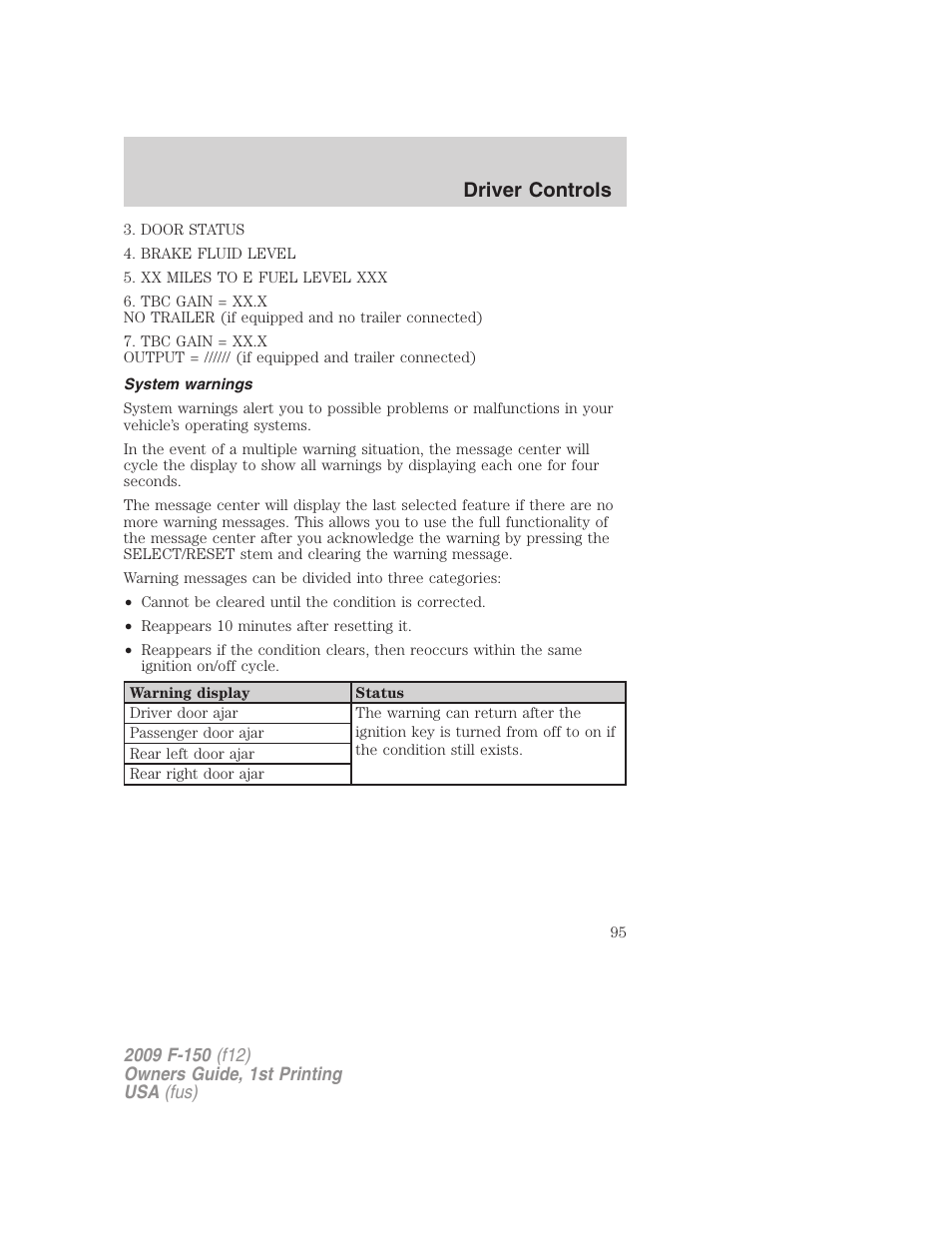 System warnings, Driver controls | FORD 2009 F-150 v.1 User Manual | Page 95 / 405