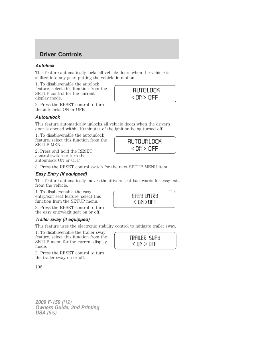 Autolock, Autounlock, Easy entry (if equipped) | Trailer sway (if equipped), Driver controls | FORD 2009 F-150 v.2 User Manual | Page 106 / 409