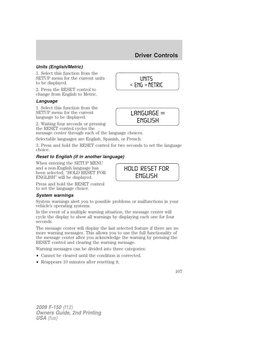 Units (english/metric), Language, Reset to english (if in another language) | System warnings, Driver controls | FORD 2009 F-150 v.2 User Manual | Page 107 / 409