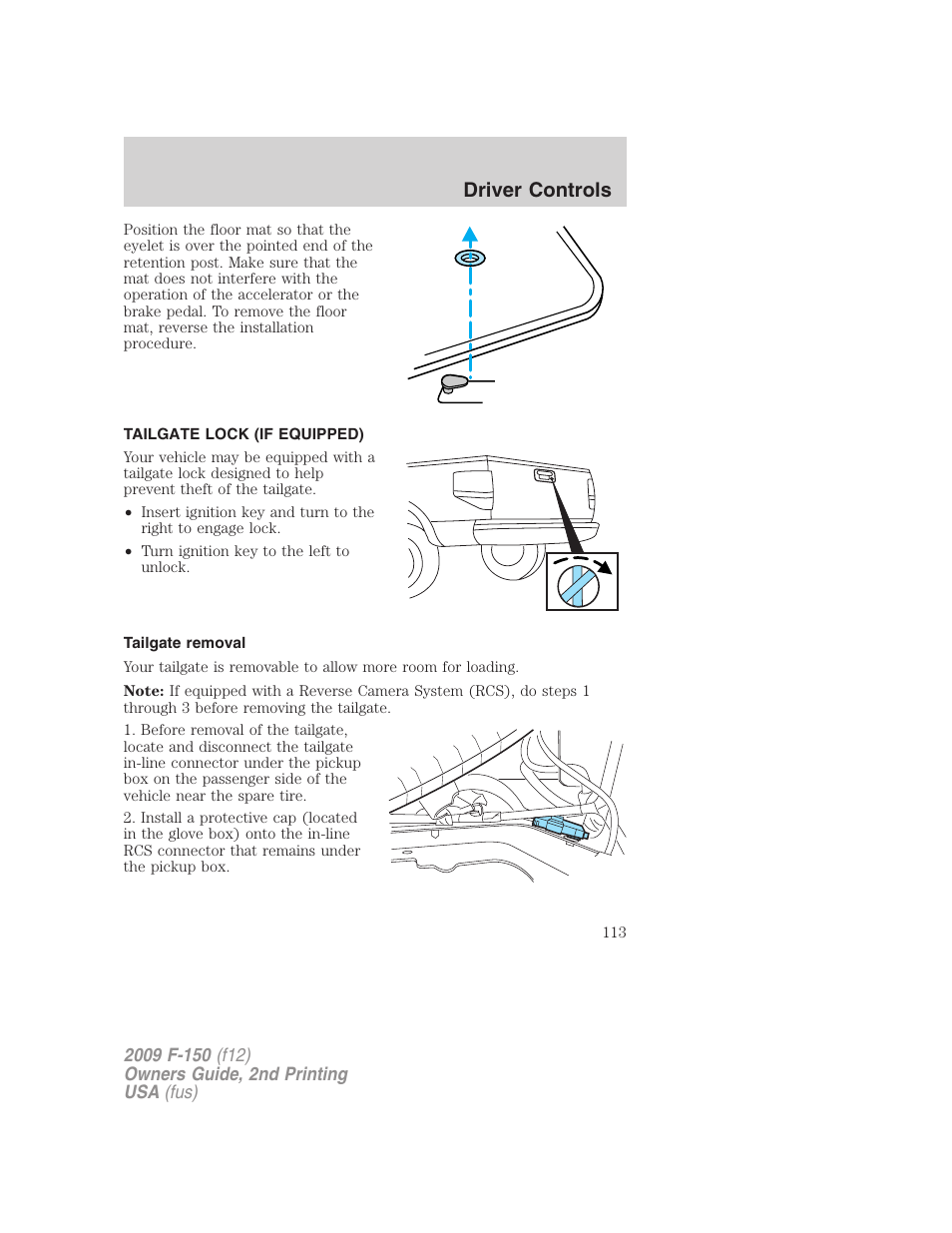 Tailgate lock (if equipped), Tailgate removal, Tailgate | Driver controls | FORD 2009 F-150 v.2 User Manual | Page 113 / 409