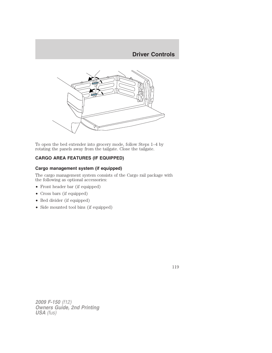 Cargo area features (if equipped), Cargo management system (if equipped), Driver controls | FORD 2009 F-150 v.2 User Manual | Page 119 / 409