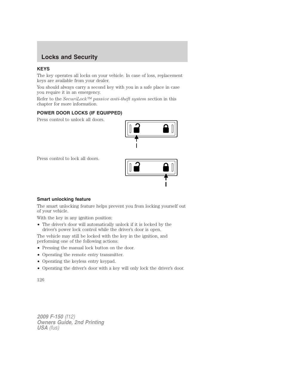 Locks and security, Keys, Power door locks (if equipped) | Smart unlocking feature, Locks | FORD 2009 F-150 v.2 User Manual | Page 126 / 409