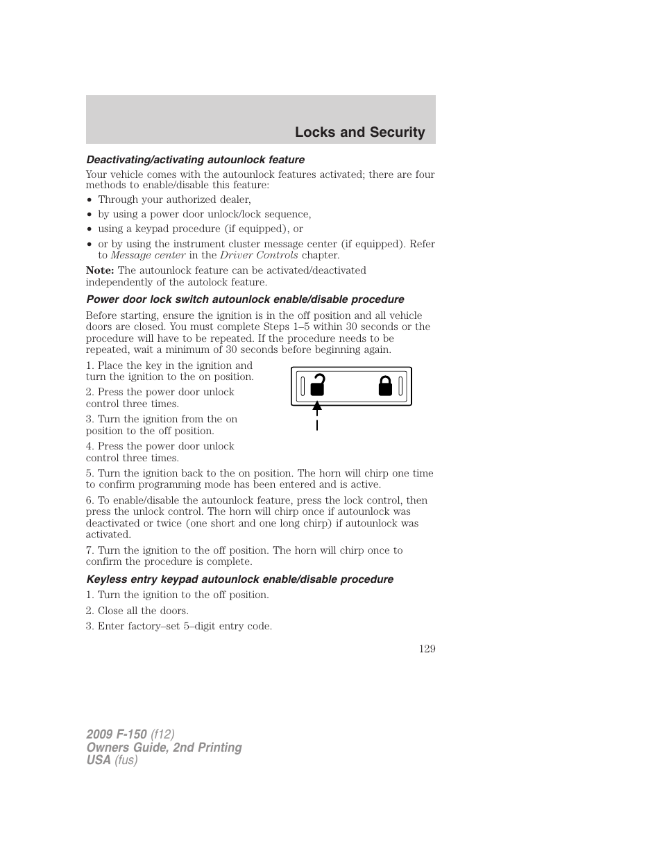 Deactivating/activating autounlock feature, Locks and security | FORD 2009 F-150 v.2 User Manual | Page 129 / 409