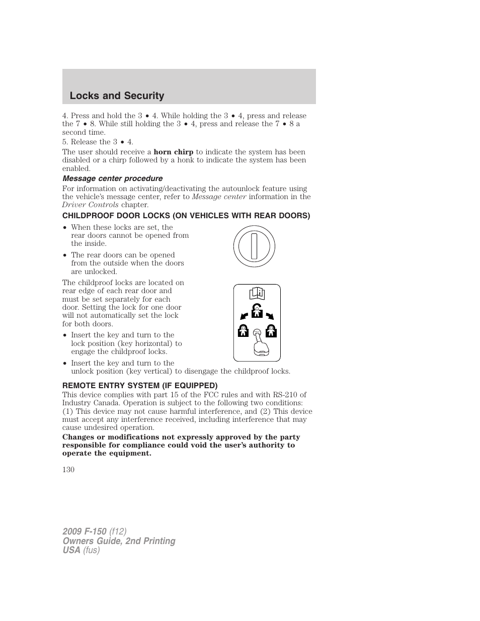 Message center procedure, Remote entry system (if equipped), Locks and security | FORD 2009 F-150 v.2 User Manual | Page 130 / 409