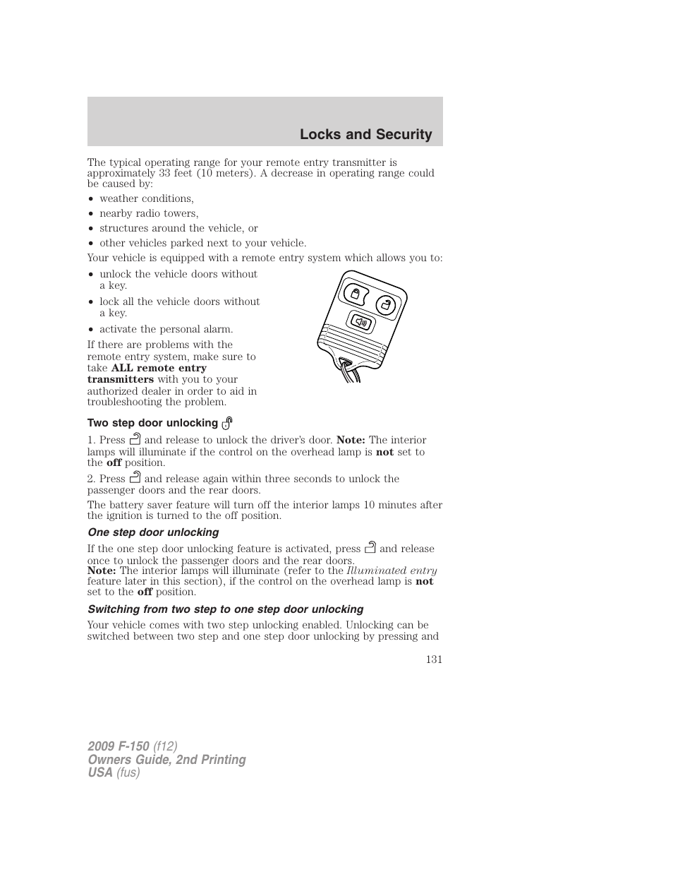 Two step door unlocking, One step door unlocking, Switching from two step to one step door unlocking | Locks and security | FORD 2009 F-150 v.2 User Manual | Page 131 / 409