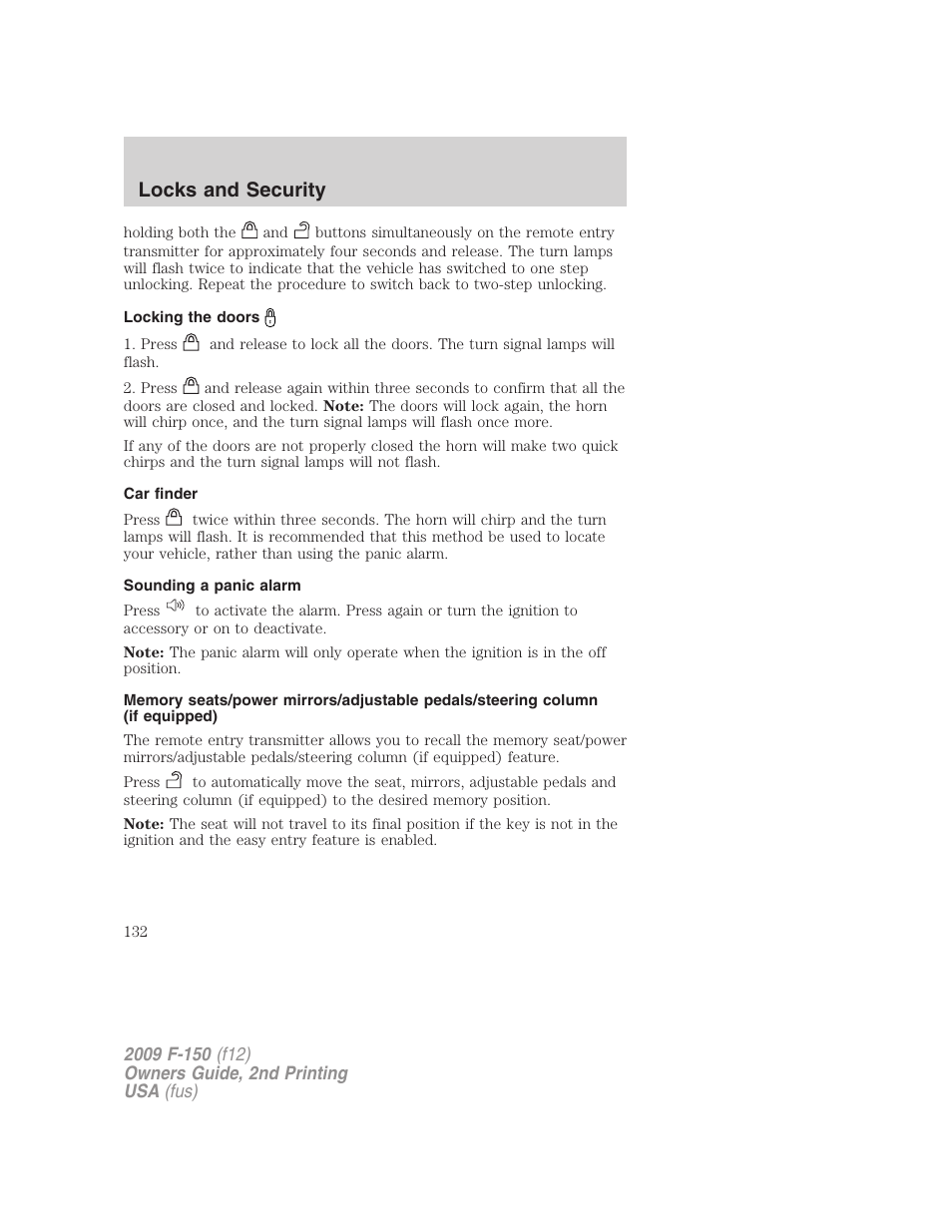 Locking the doors, Car finder, Sounding a panic alarm | Locks and security | FORD 2009 F-150 v.2 User Manual | Page 132 / 409