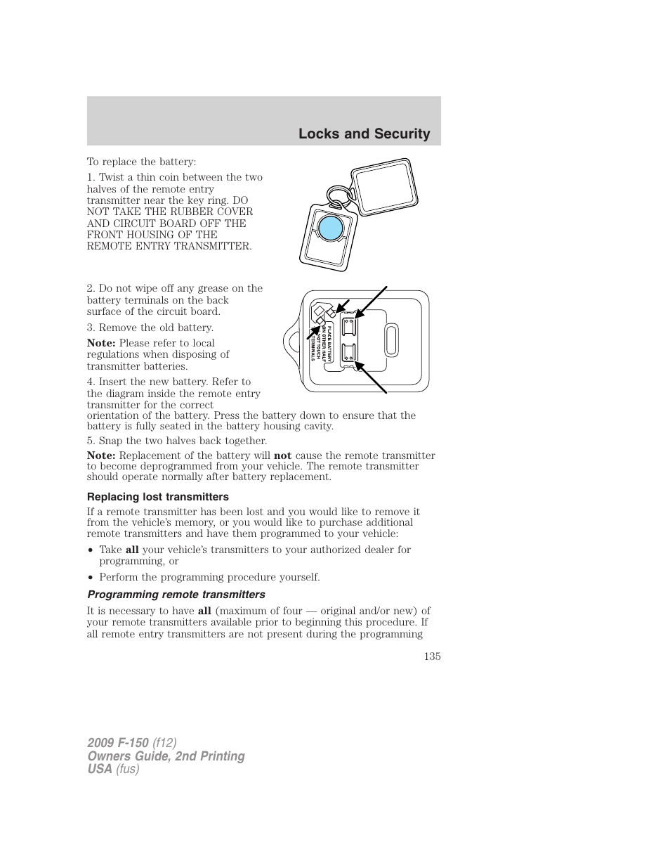 Replacing lost transmitters, Programming remote transmitters, Locks and security | FORD 2009 F-150 v.2 User Manual | Page 135 / 409