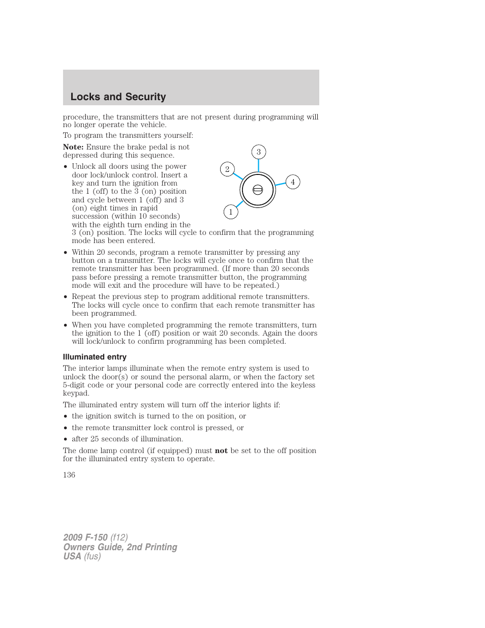 Illuminated entry, Locks and security | FORD 2009 F-150 v.2 User Manual | Page 136 / 409
