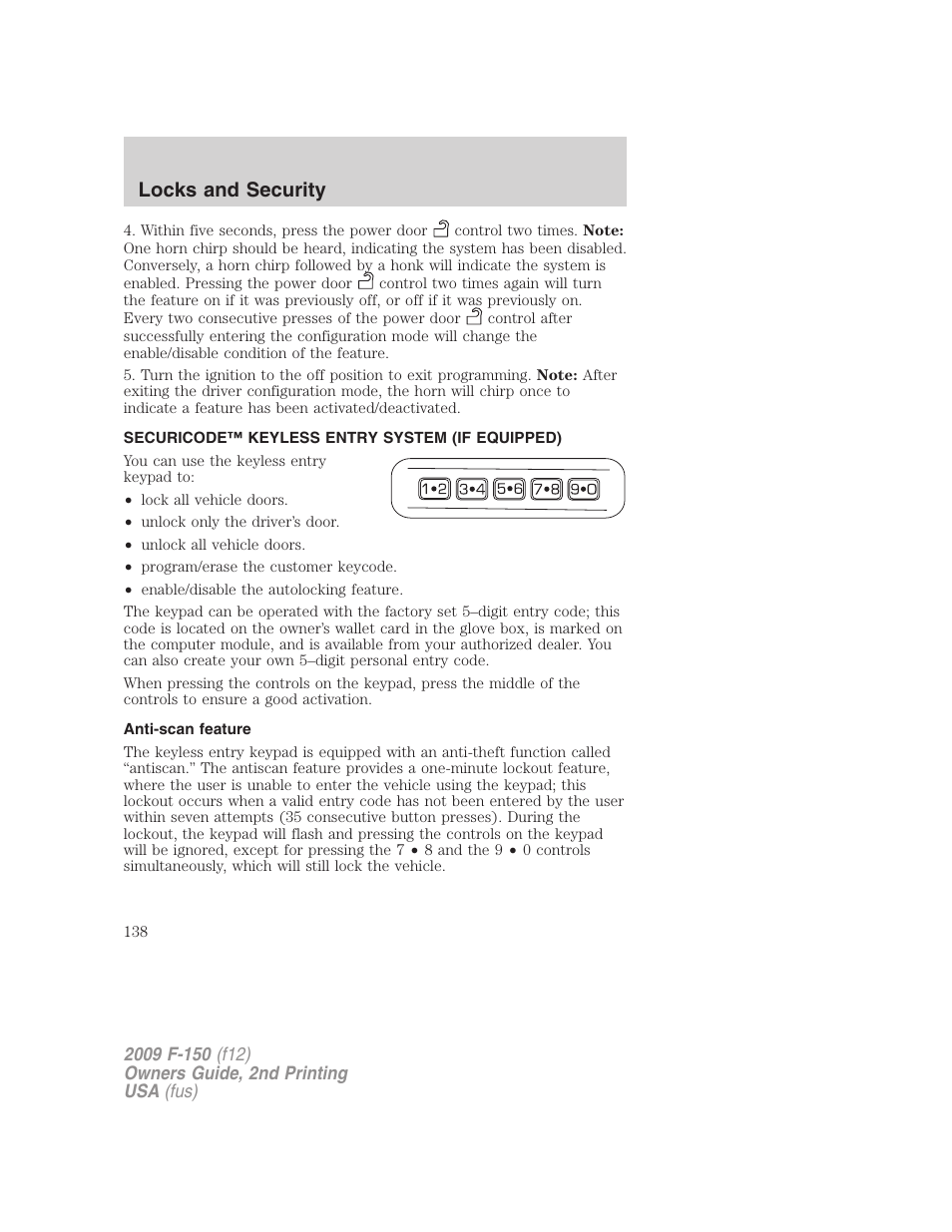 Securicode™ keyless entry system (if equipped), Anti-scan feature, Locks and security | FORD 2009 F-150 v.2 User Manual | Page 138 / 409