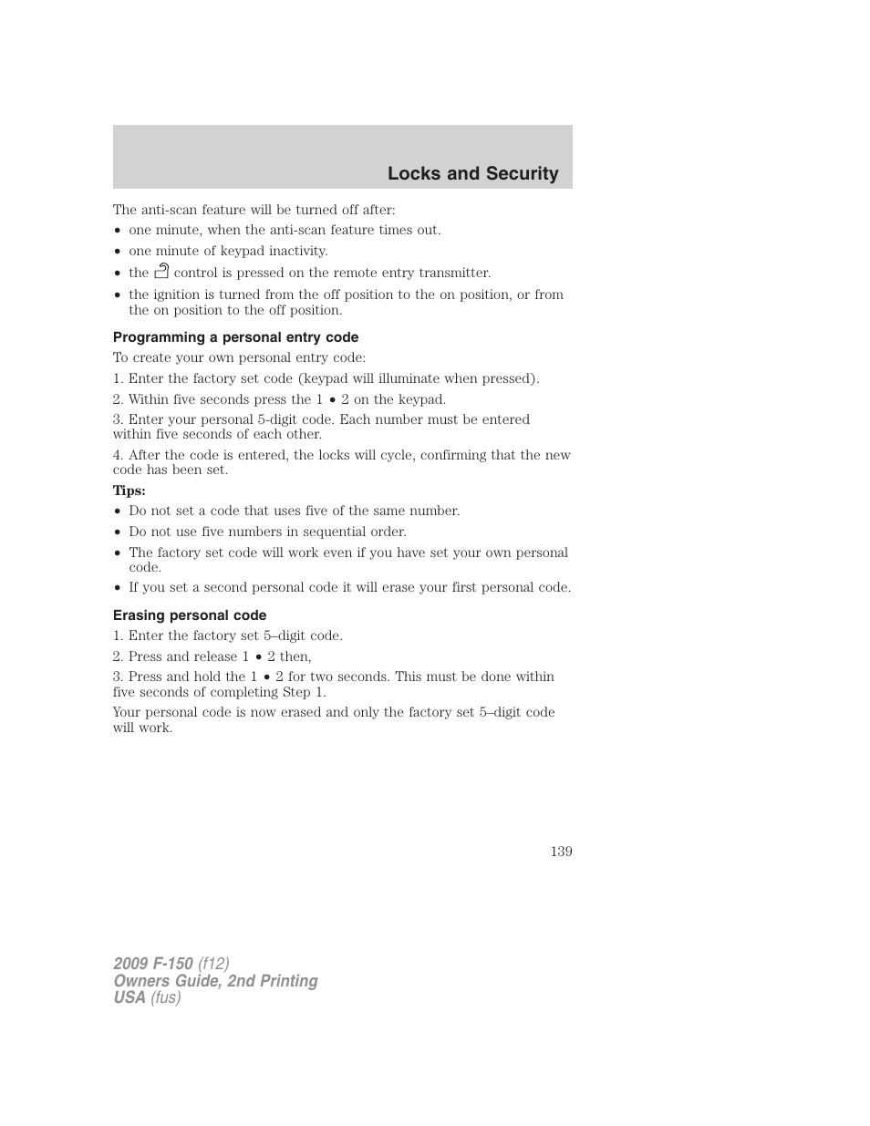 Programming a personal entry code, Erasing personal code, Locks and security | FORD 2009 F-150 v.2 User Manual | Page 139 / 409