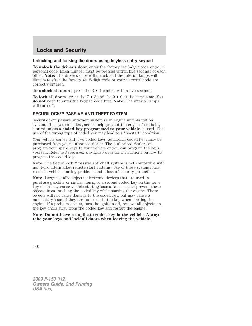 Securilock™ passive anti-theft system, Anti-theft system, Locks and security | FORD 2009 F-150 v.2 User Manual | Page 140 / 409