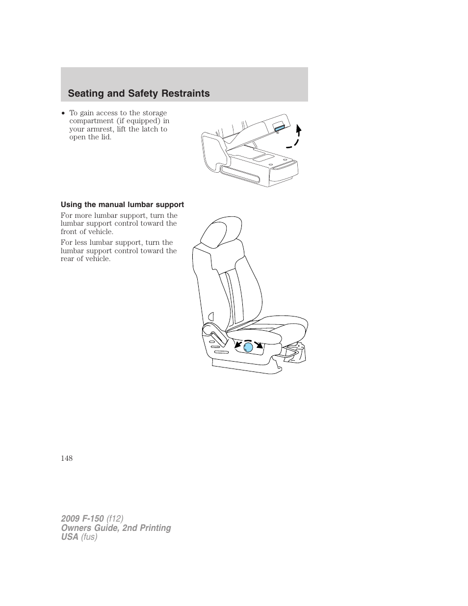 Using the manual lumbar support, Seating and safety restraints | FORD 2009 F-150 v.2 User Manual | Page 148 / 409