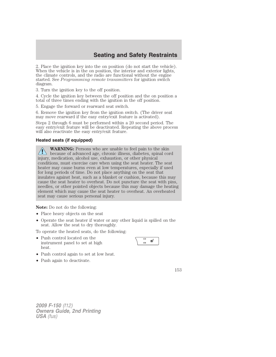 Heated seats (if equipped), Seating and safety restraints | FORD 2009 F-150 v.2 User Manual | Page 153 / 409