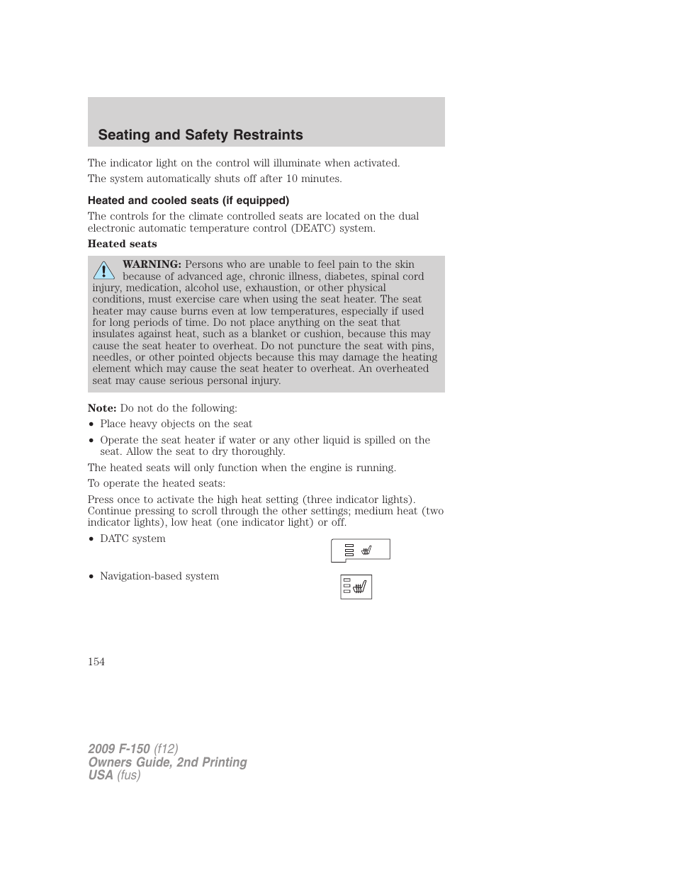 Heated and cooled seats (if equipped), Seating and safety restraints | FORD 2009 F-150 v.2 User Manual | Page 154 / 409