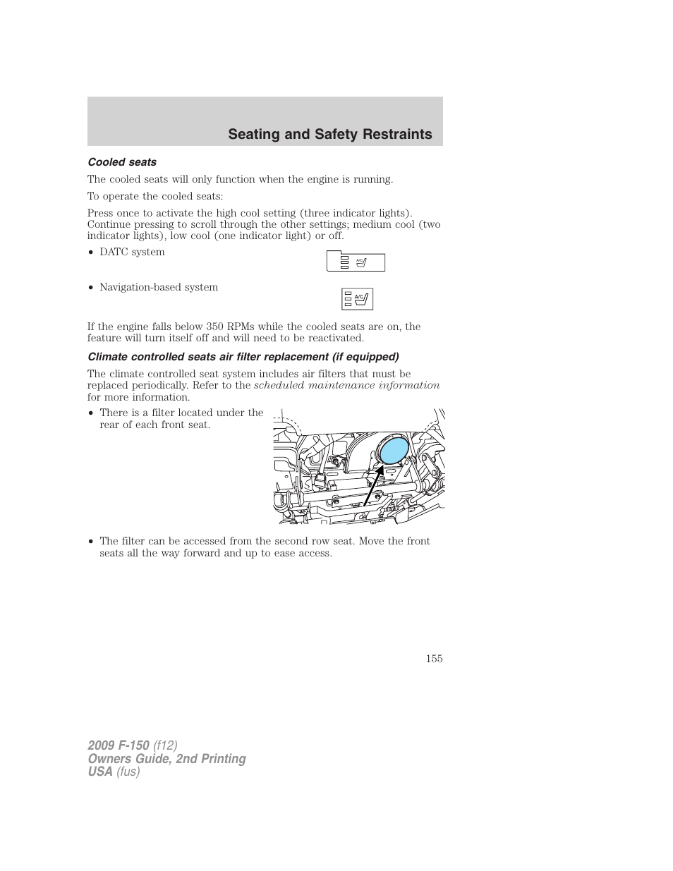 Cooled seats, Seating and safety restraints | FORD 2009 F-150 v.2 User Manual | Page 155 / 409