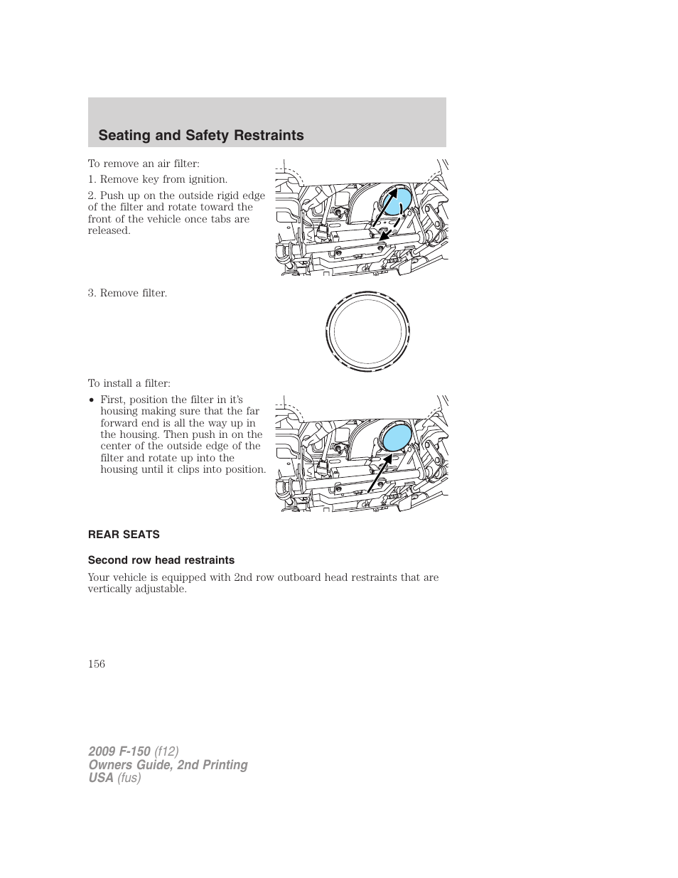 Rear seats, Second row head restraints, Seating and safety restraints | FORD 2009 F-150 v.2 User Manual | Page 156 / 409