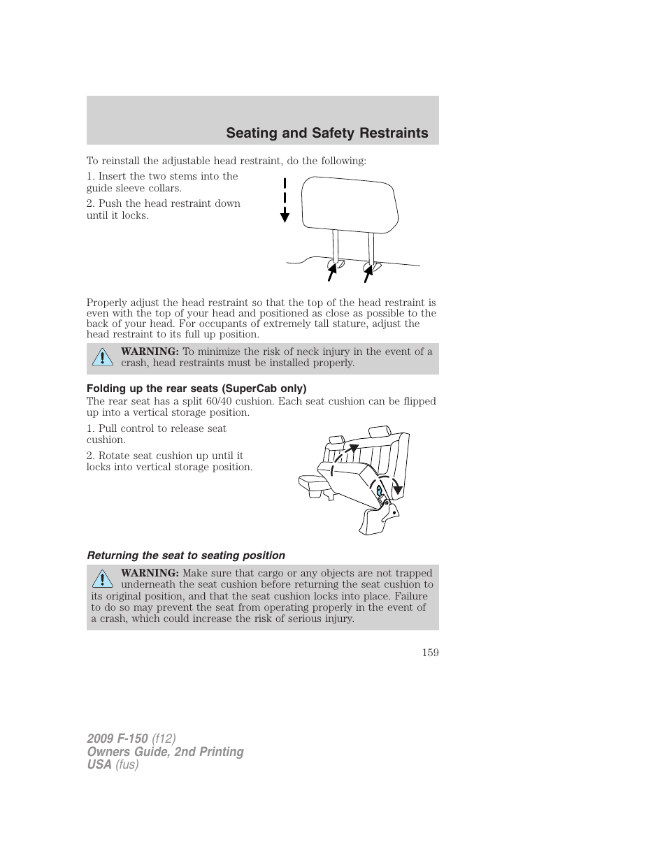 Folding up the rear seats (supercab only), Returning the seat to seating position, Seating and safety restraints | FORD 2009 F-150 v.2 User Manual | Page 159 / 409