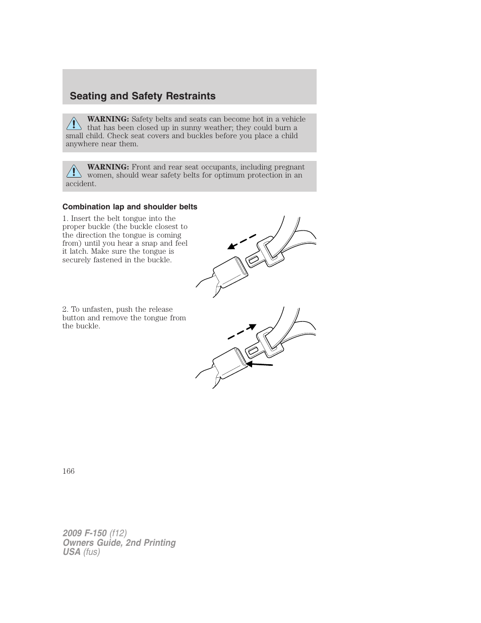 Combination lap and shoulder belts, Seating and safety restraints | FORD 2009 F-150 v.2 User Manual | Page 166 / 409