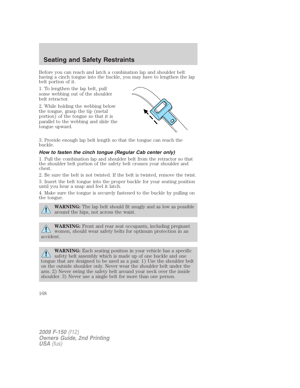 Seating and safety restraints | FORD 2009 F-150 v.2 User Manual | Page 168 / 409