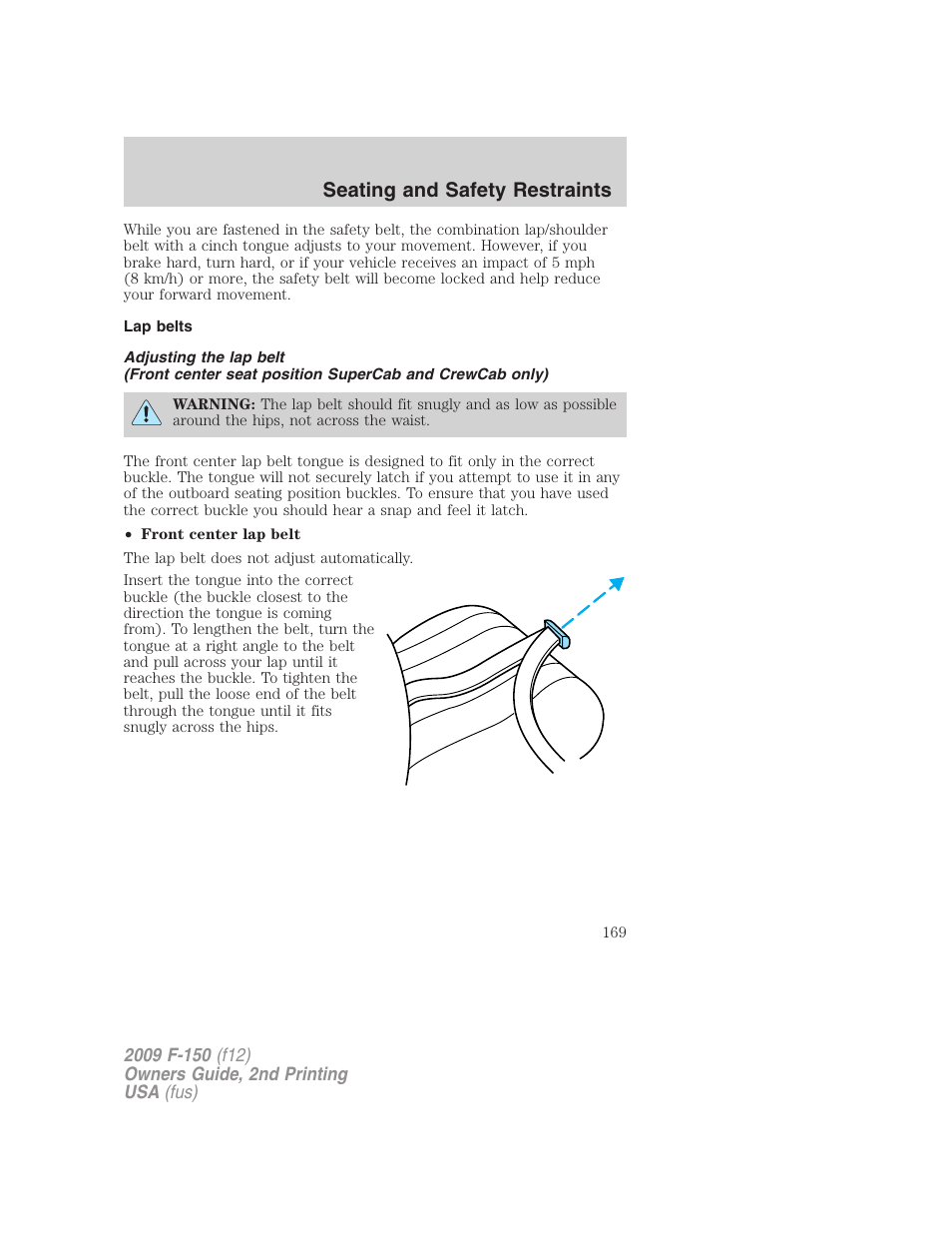 Lap belts, Seating and safety restraints | FORD 2009 F-150 v.2 User Manual | Page 169 / 409