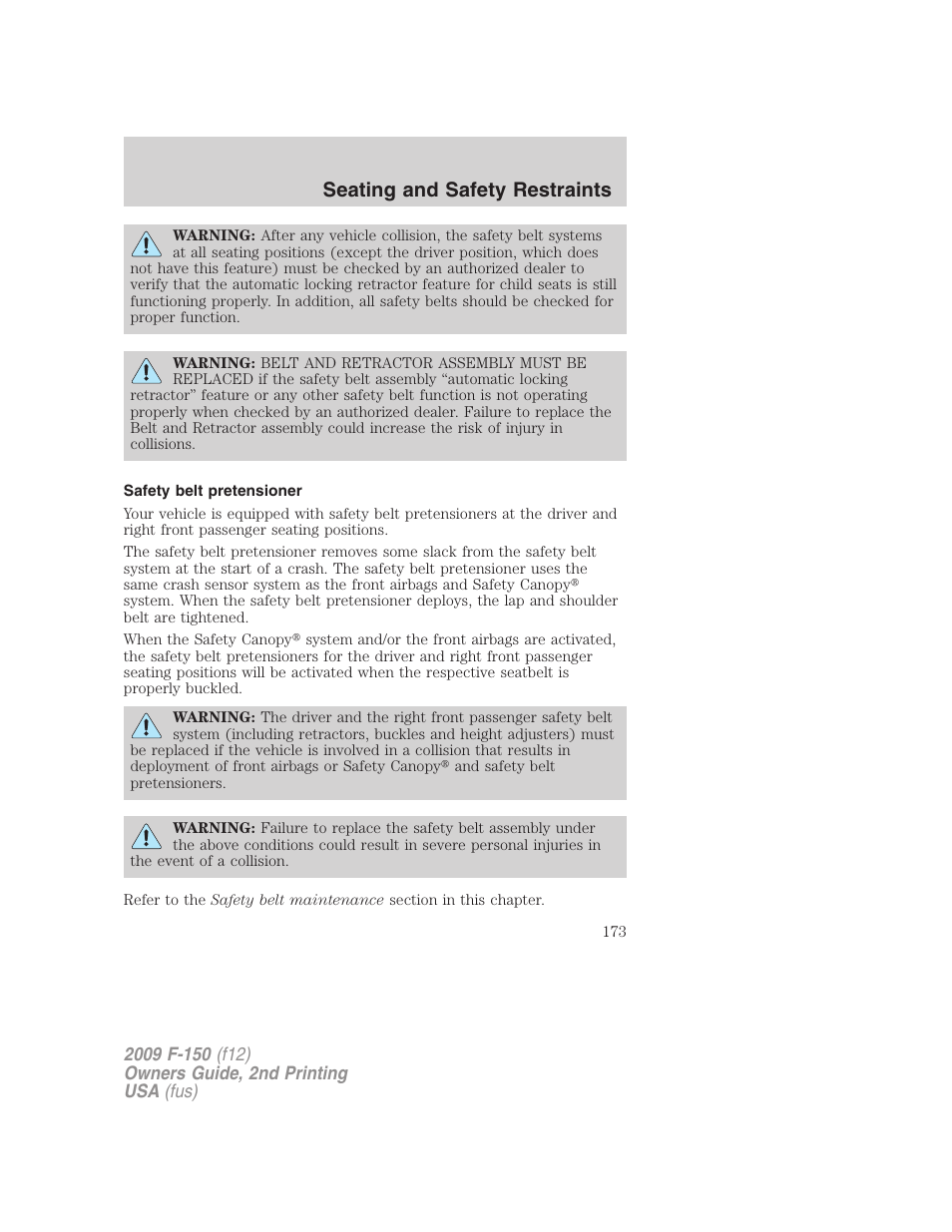 Safety belt pretensioner, Seating and safety restraints | FORD 2009 F-150 v.2 User Manual | Page 173 / 409