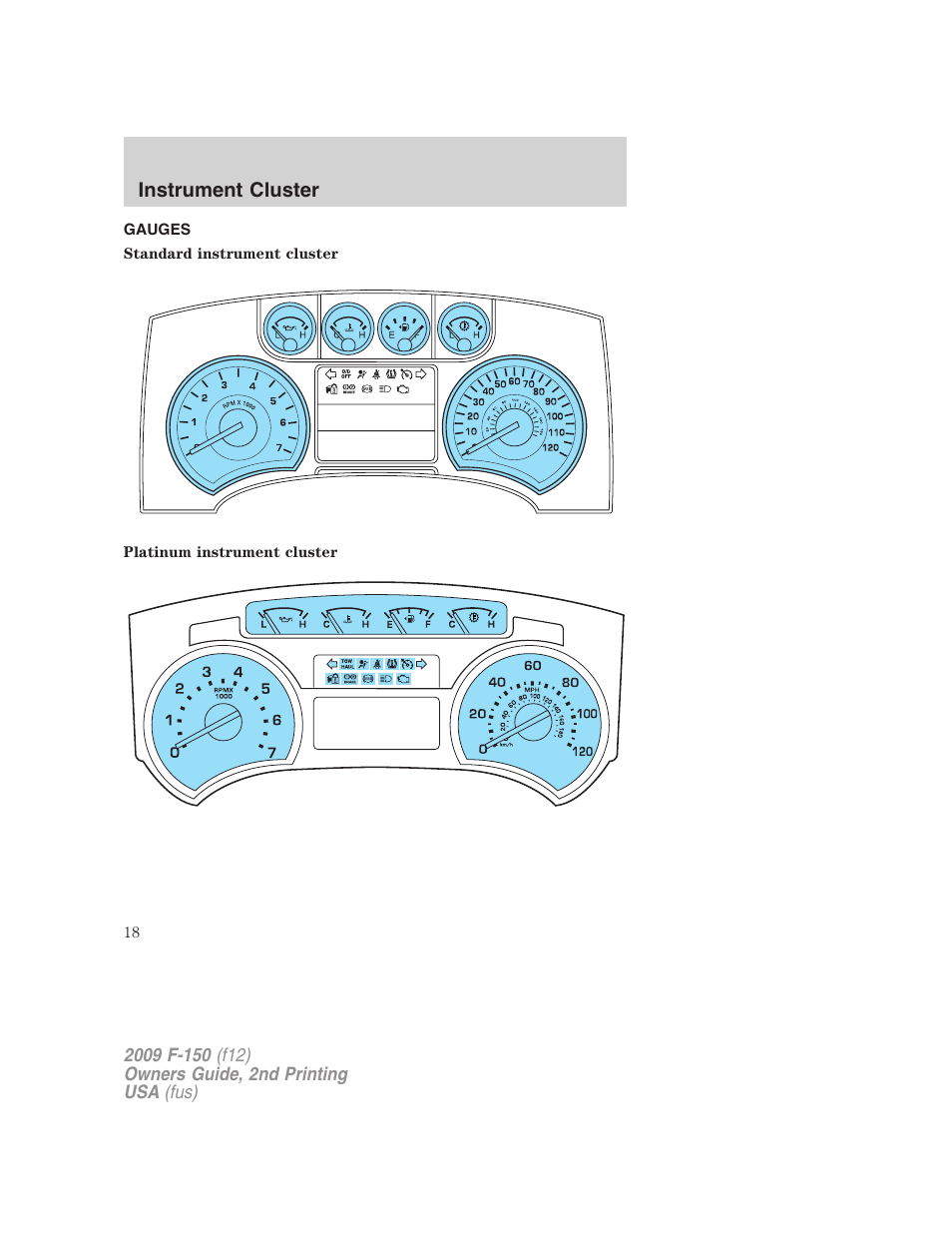 Gauges, Instrument cluster | FORD 2009 F-150 v.2 User Manual | Page 18 / 409