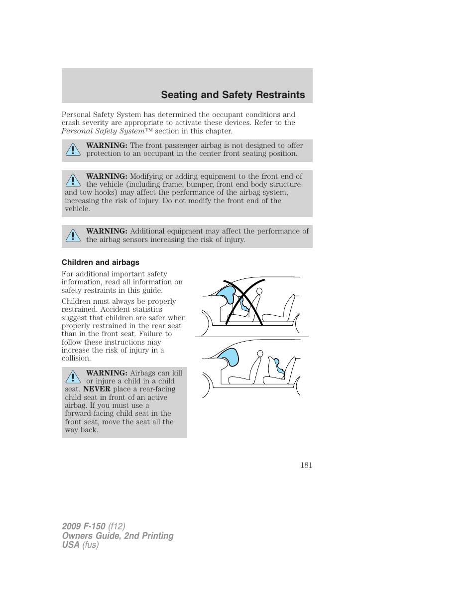 Children and airbags, Seating and safety restraints | FORD 2009 F-150 v.2 User Manual | Page 181 / 409