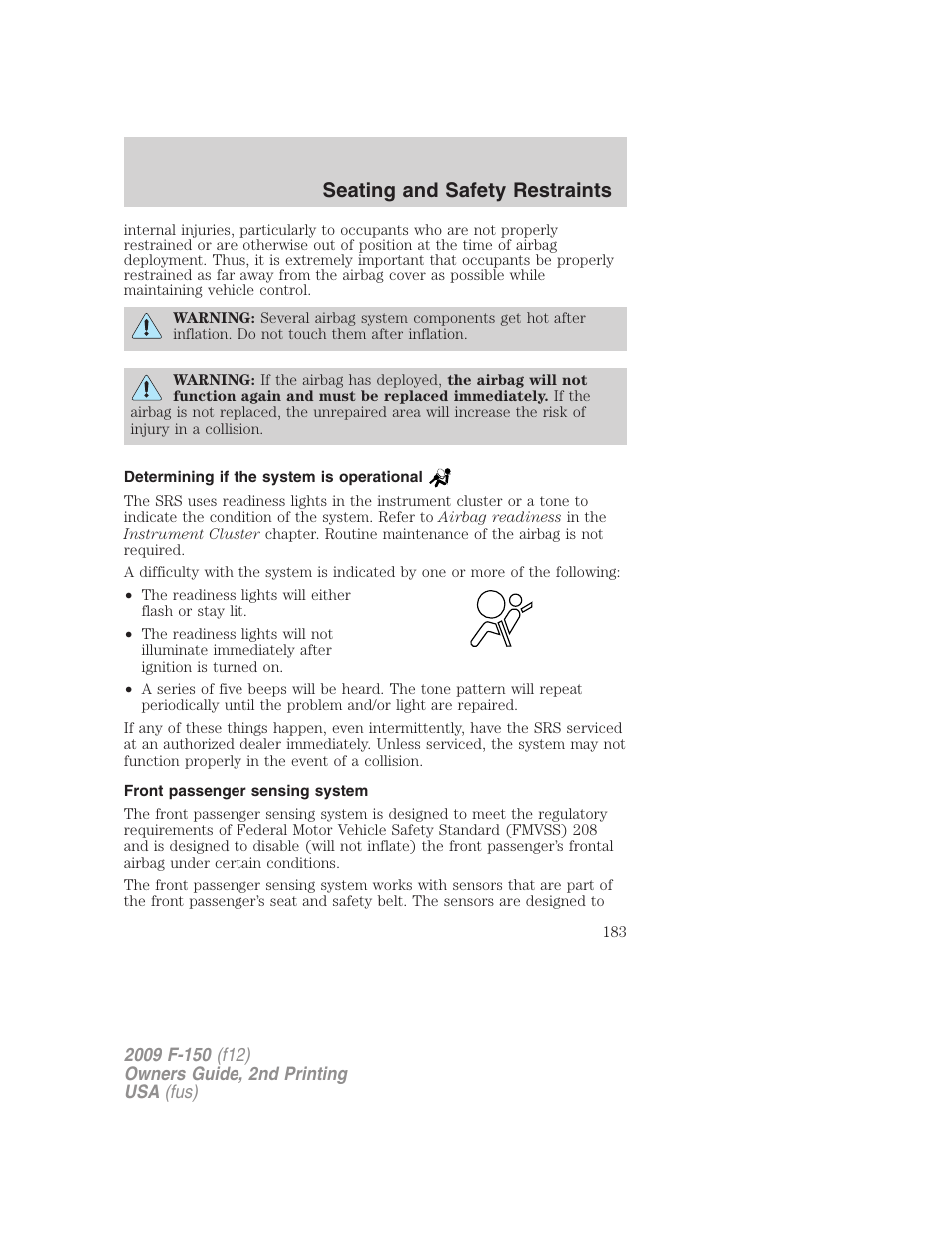 Determining if the system is operational, Front passenger sensing system, Seating and safety restraints | FORD 2009 F-150 v.2 User Manual | Page 183 / 409