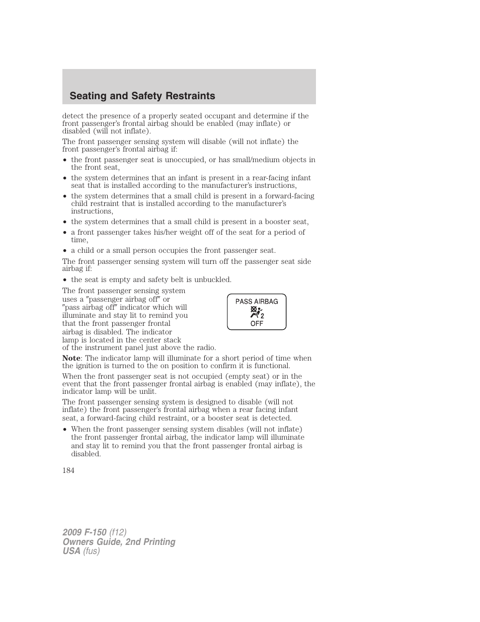 Seating and safety restraints | FORD 2009 F-150 v.2 User Manual | Page 184 / 409