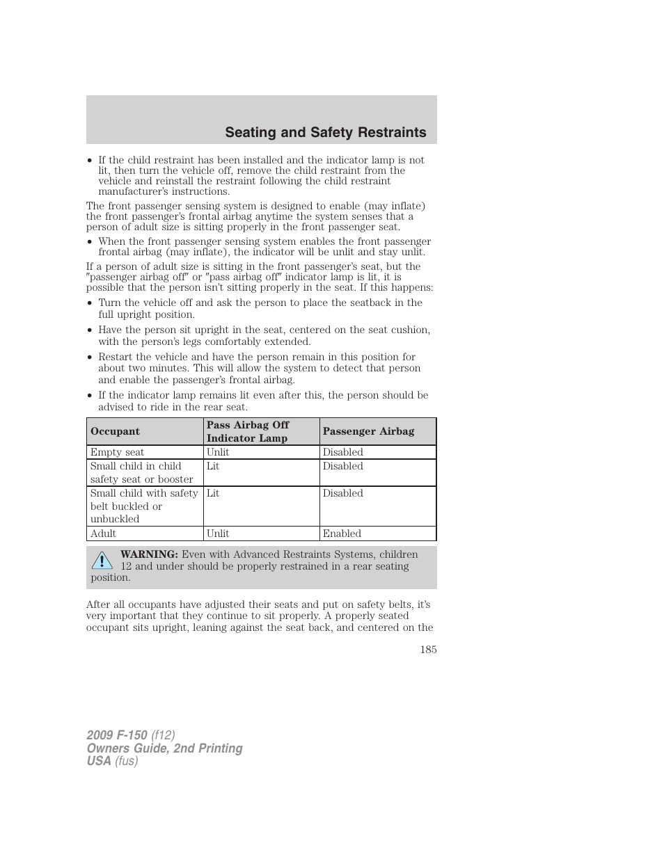 Seating and safety restraints | FORD 2009 F-150 v.2 User Manual | Page 185 / 409