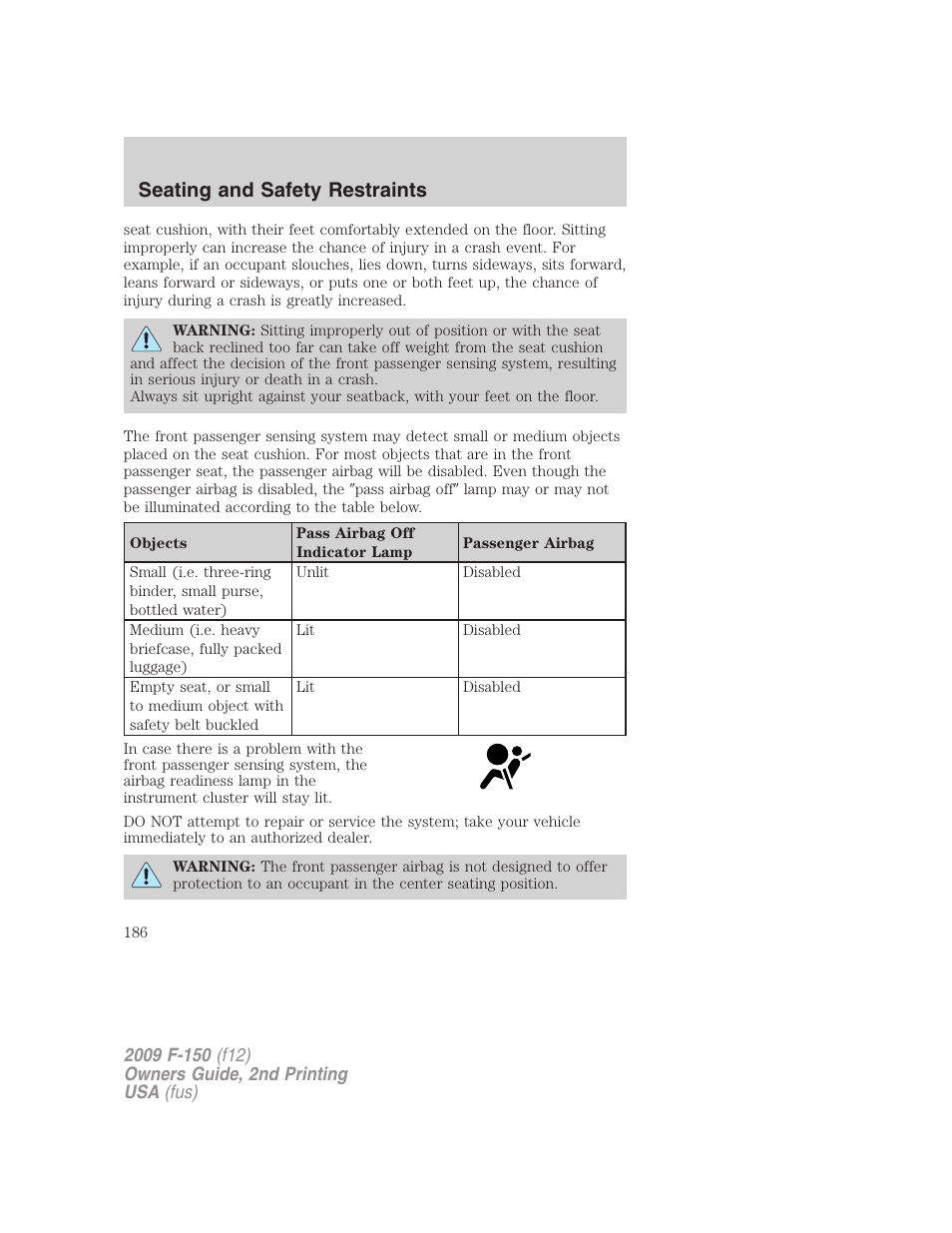 Seating and safety restraints | FORD 2009 F-150 v.2 User Manual | Page 186 / 409