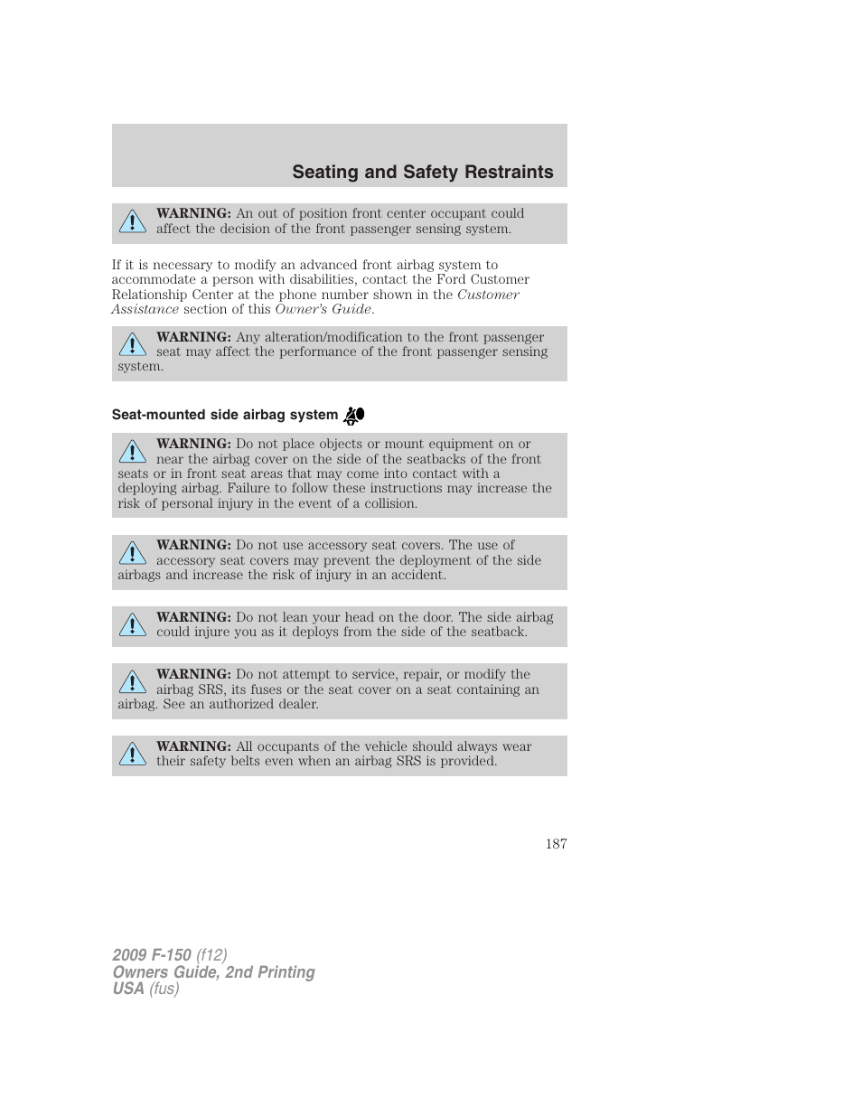 Seat-mounted side airbag system, Seating and safety restraints | FORD 2009 F-150 v.2 User Manual | Page 187 / 409