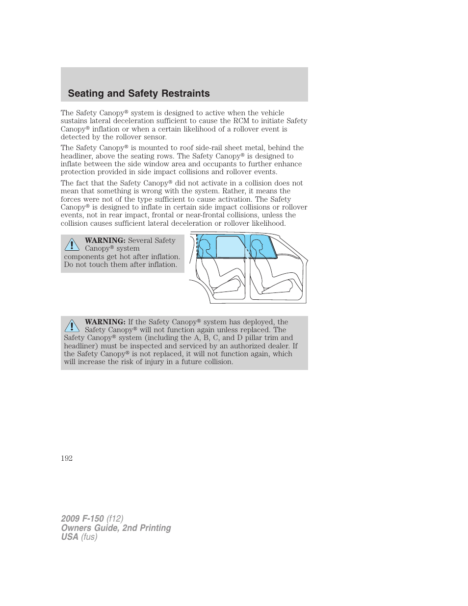 Seating and safety restraints | FORD 2009 F-150 v.2 User Manual | Page 192 / 409