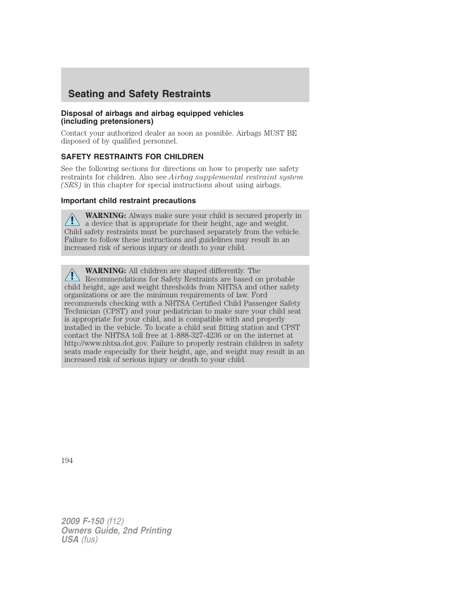 Safety restraints for children, Important child restraint precautions, Child restraints | Seating and safety restraints | FORD 2009 F-150 v.2 User Manual | Page 194 / 409