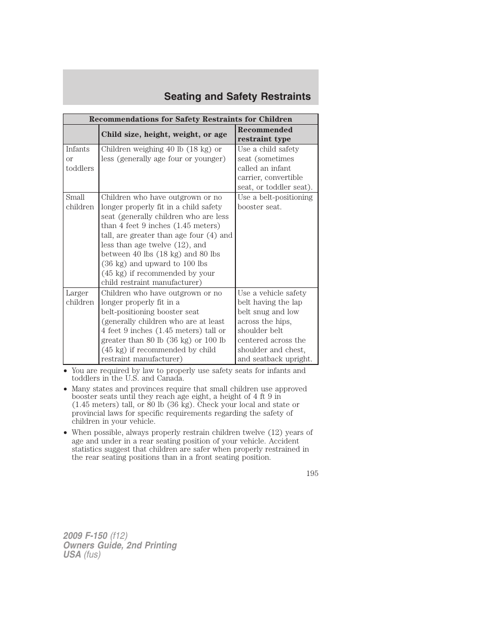 Seating and safety restraints | FORD 2009 F-150 v.2 User Manual | Page 195 / 409
