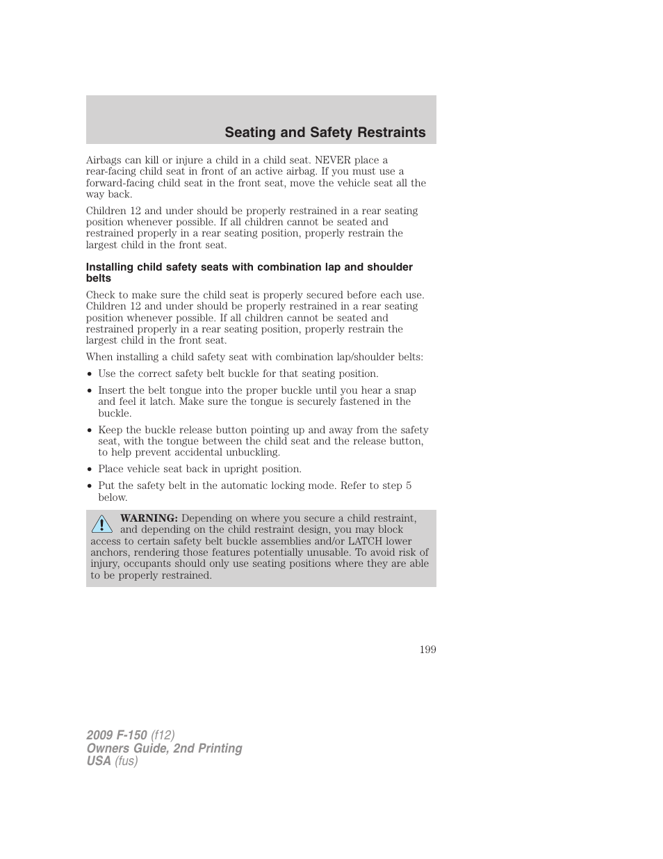 Seating and safety restraints | FORD 2009 F-150 v.2 User Manual | Page 199 / 409