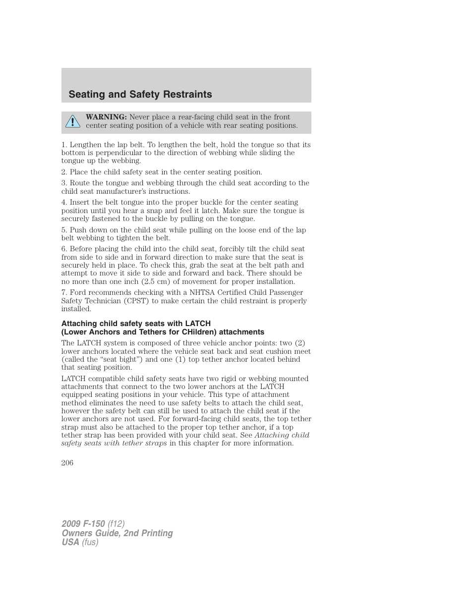 Seating and safety restraints | FORD 2009 F-150 v.2 User Manual | Page 206 / 409