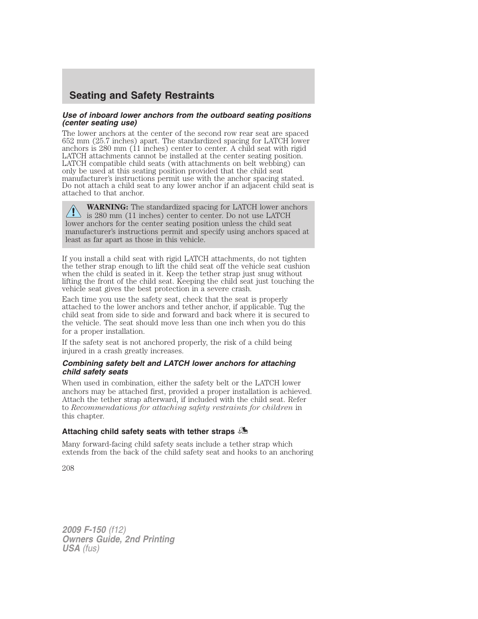 Attaching child safety seats with tether straps, Seating and safety restraints | FORD 2009 F-150 v.2 User Manual | Page 208 / 409