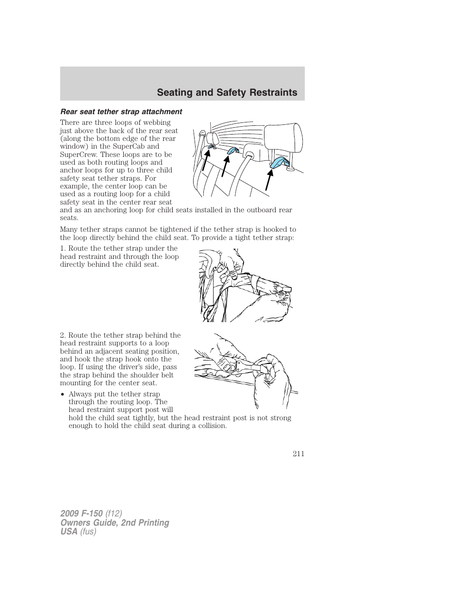 Rear seat tether strap attachment, Seating and safety restraints | FORD 2009 F-150 v.2 User Manual | Page 211 / 409