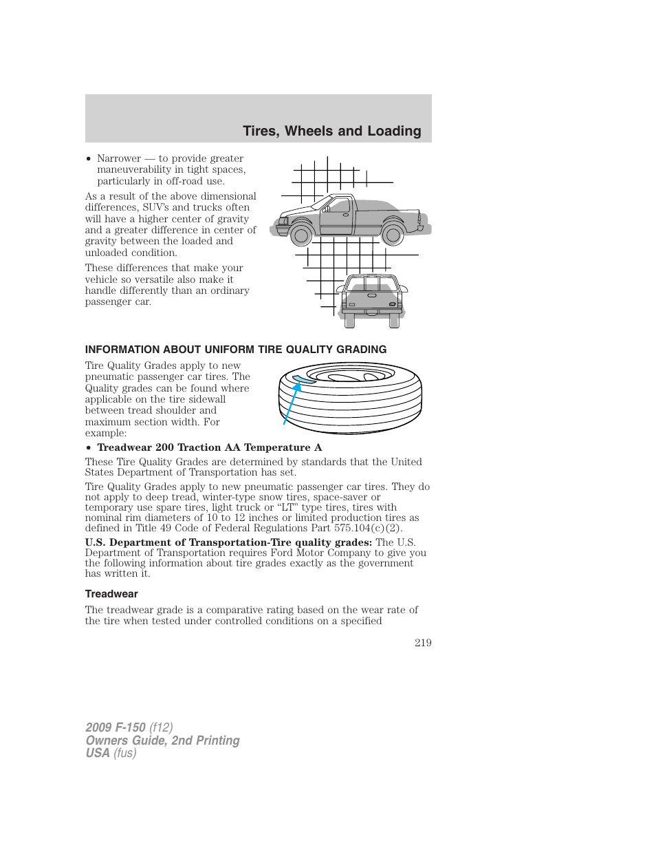 Information about uniform tire quality grading, Treadwear, Tire information | Tires, wheels and loading | FORD 2009 F-150 v.2 User Manual | Page 219 / 409