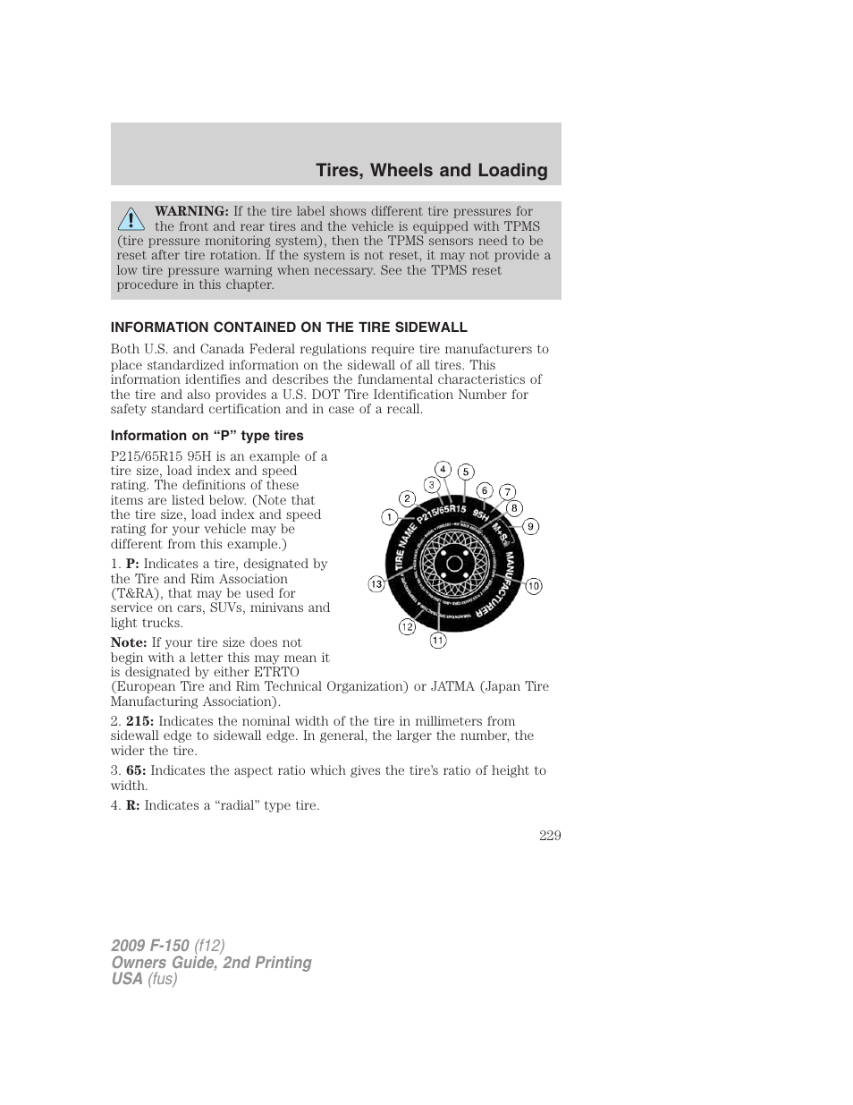 Information contained on the tire sidewall, Information on “p” type tires, Tires, wheels and loading | FORD 2009 F-150 v.2 User Manual | Page 229 / 409