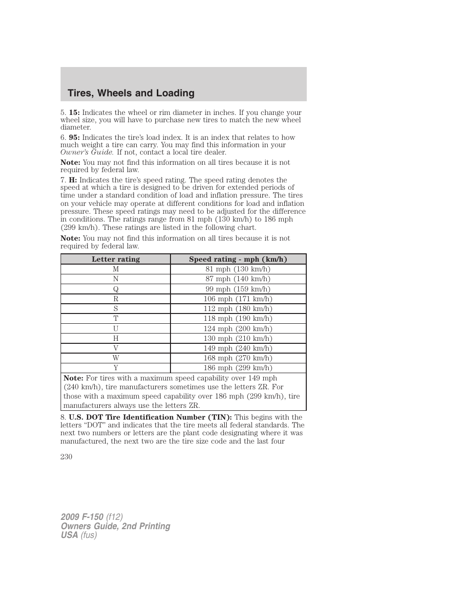 Tires, wheels and loading | FORD 2009 F-150 v.2 User Manual | Page 230 / 409