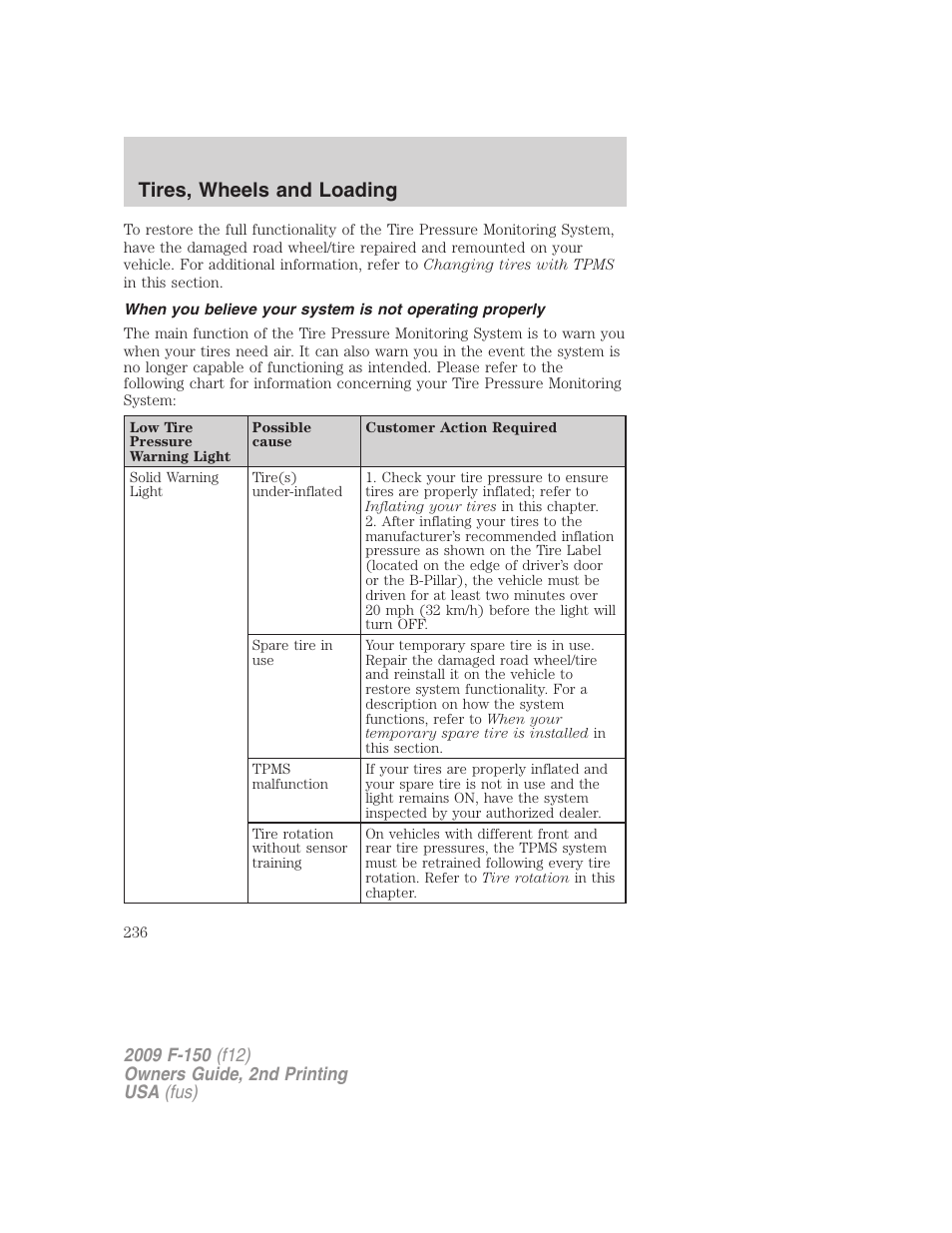 Tires, wheels and loading | FORD 2009 F-150 v.2 User Manual | Page 236 / 409