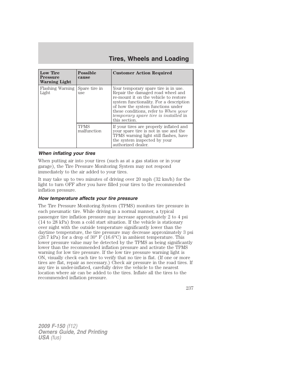 When inflating your tires, How temperature affects your tire pressure, Tires, wheels and loading | FORD 2009 F-150 v.2 User Manual | Page 237 / 409