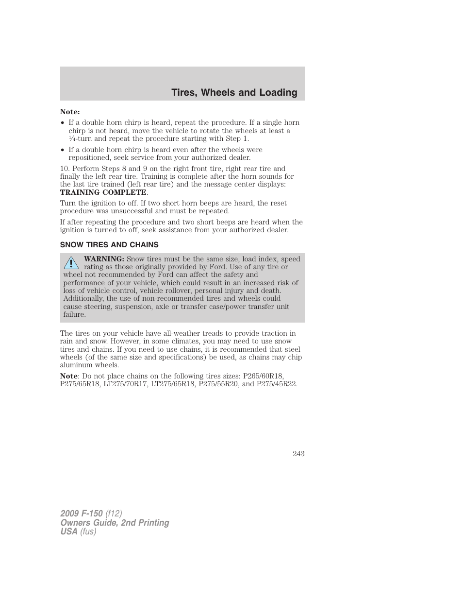 Snow tires and chains, Tires, wheels and loading | FORD 2009 F-150 v.2 User Manual | Page 243 / 409