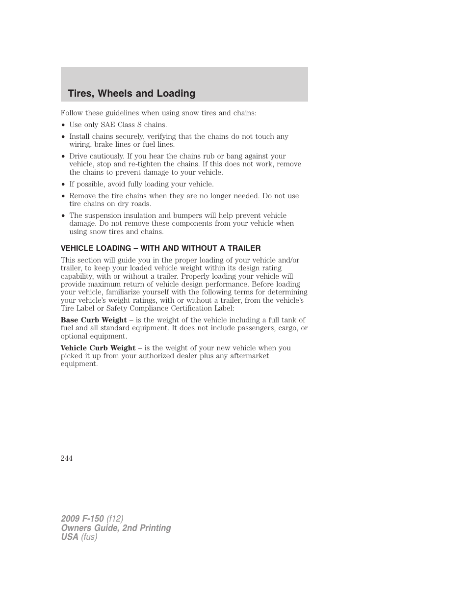 Vehicle loading – with and without a trailer, Vehicle loading, Tires, wheels and loading | FORD 2009 F-150 v.2 User Manual | Page 244 / 409
