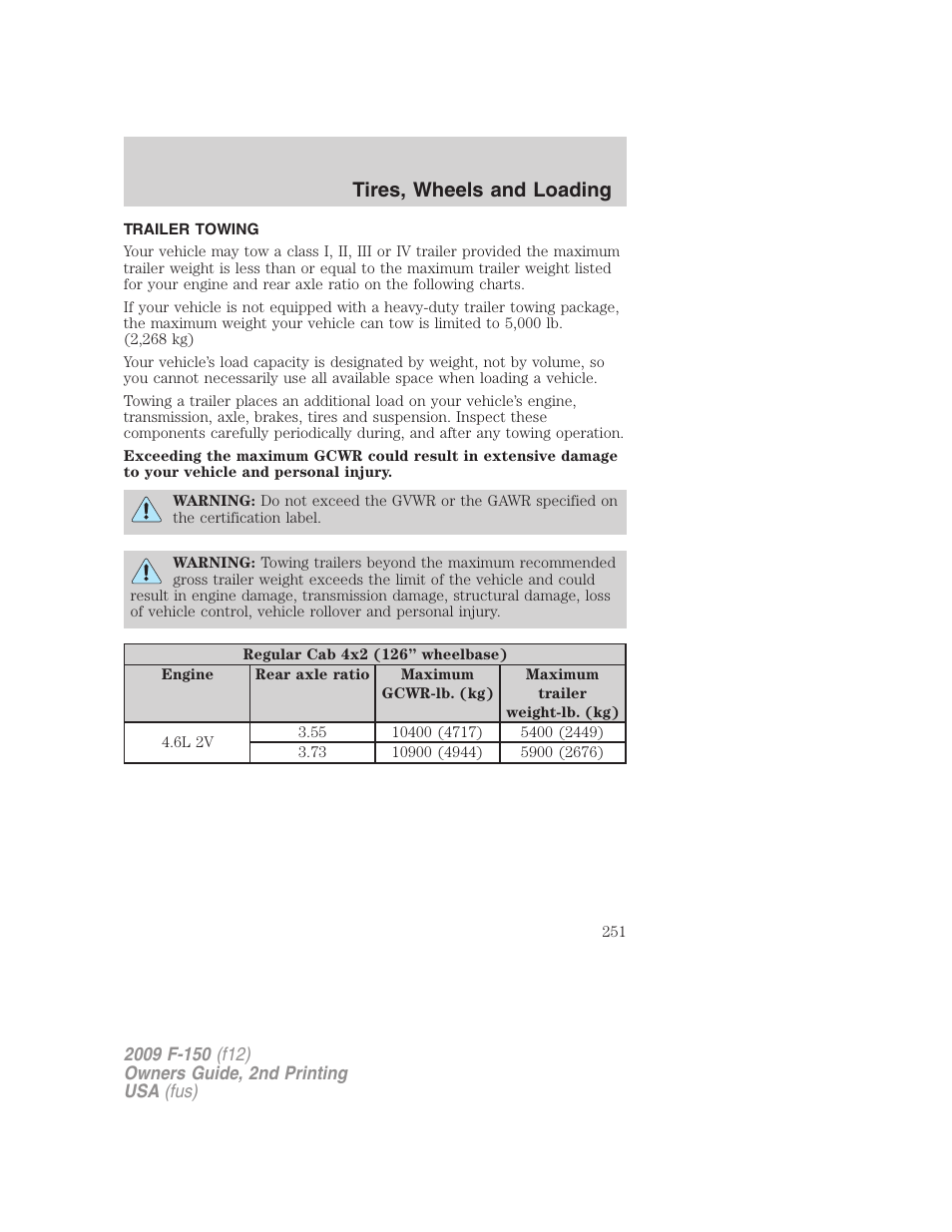 Trailer towing, Tires, wheels and loading | FORD 2009 F-150 v.2 User Manual | Page 251 / 409